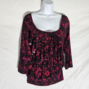 Vintage y2k 2000s preppy ruffle pink black patterned 3/4 sleeve blouse